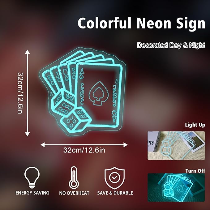 Gamerneon Blue Poker Neon Signs Dice Neon Signs Wall Decor Straight Flush Led Light for Bedrooms Bar Clubs Casinos Hotels Game Room Man Cave Party Decorations