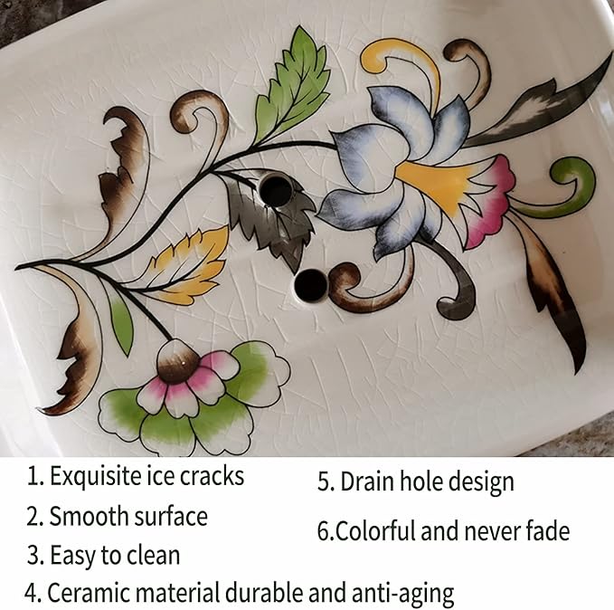 Ceramic Soap Dish Creative Ice Crack Ceramic Clorful Flower Pattern Soap Dish Holder for Bathroom and Shower Soap Tray Box with Drain Gift for Mum Family