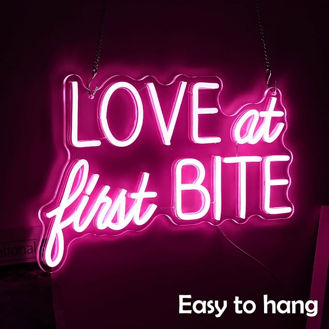 Love At First Bite Neon Sign Led Pink Words Neon Light Sign Wall Art Neon Light For Wedding Light Up Sign For bedroom Bar Pub Party 15.7"X10.2")