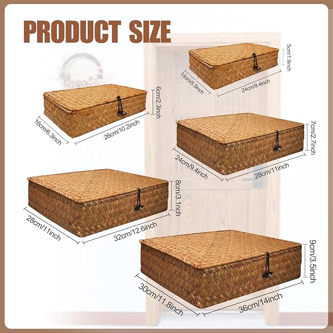 5 Pcs Seagrass Basket with Lid 5 Sizes Decorative Storage Boxes Rattan Wicker Storage Basket with Lids Woven Organizer Baskets Multipurpose Flat Storage Bins for Shelf Closet Bedroom (Brown)