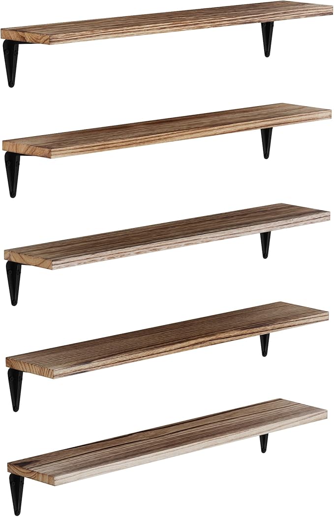 Wallniture Arras Wood Floating Shelves for Wall Storage, 24" Living Room Bookshelves, Kitchen Shelves for Bedroom & Office Burnt Finish Set of 5