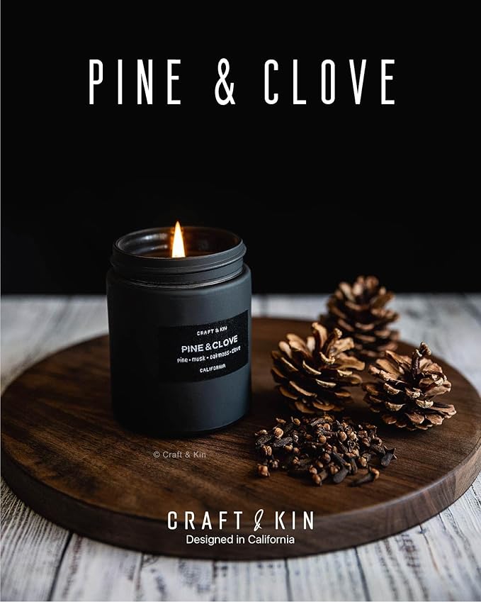 Craft & Kin Premium Pine & Clove Candle | Black Spring Scented Candles for Home | Long Lasting with 45 Hour Burn Time, 7.6oz | Made with Soy | Aromatherapy at Home | Gifts for Men
