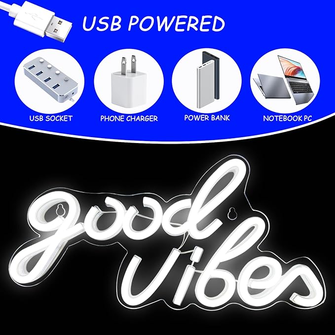 Good Vibes Neon Sign, LED Neon Signs for Wall Decor, White Neon Lights for Bedroom & Party Art Decor, USB Powered Bright Neon Light for Lover, Friends