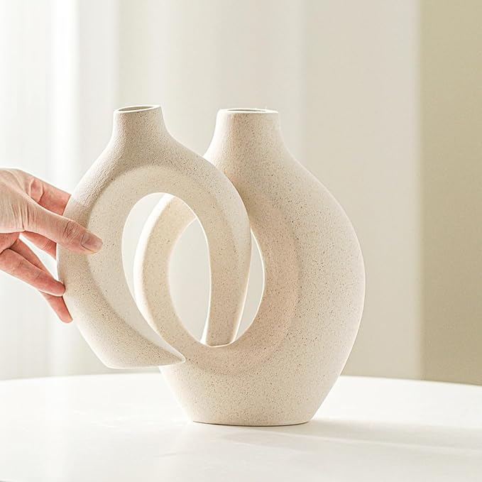 Off White Hollow Ceramic Vase Set of 2, Round Modern Vase for Nordic Minimalist Book Style Shelf Decor, Donut Boho Aesthetic Vases for Trendy Home Living Room Entryway Coffee Table Decorative