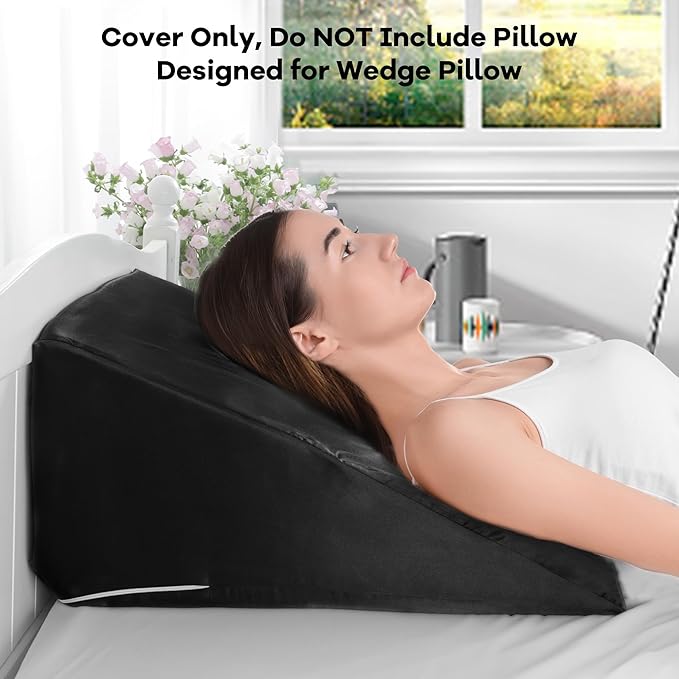 HOMBYS Satin Bed Wedge Pillow Cover Silky & Smooth Wedge Pillowcase 1 Pack 24x24x8, Soft & Breathable, Removable & Machine Washable-Zipper Design (Pillow Not Include), Black