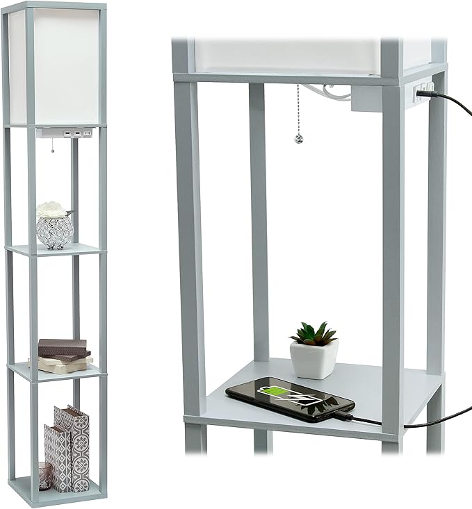 Simple Designs LF1037-GRY-LB Three Shelf Etagere Organizer Storage Floor Lamp with 2 Dual USB Ports and Charging Outlet, Gray, with Feit LED Bulb Included