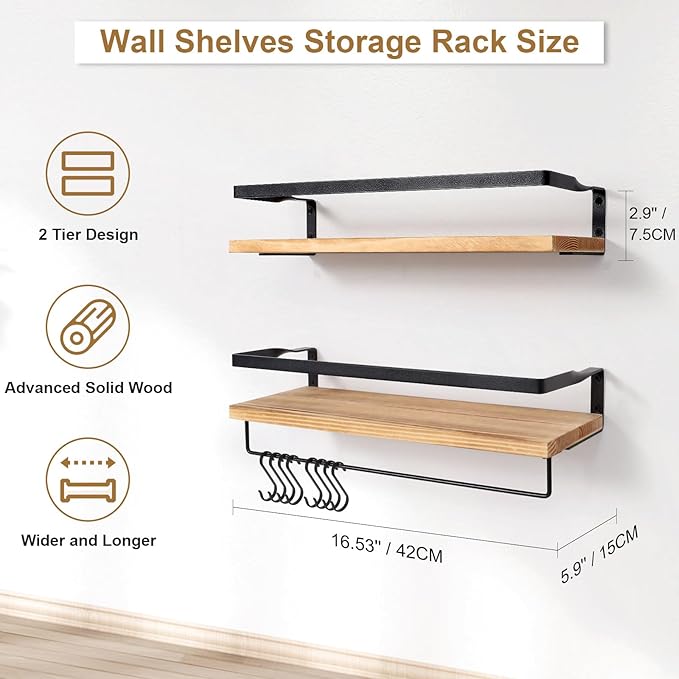 AGM Floating Shelves, Bathroom Shelf Set of 2, Wall Storage Shelf with Towel Bar & 8 Hooks, Wall Mounted Shelves for Bathroom, Bedroom, Kitchen, Living Room Decor