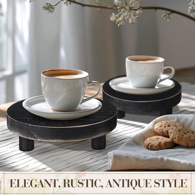 Geetery 4 Pcs Wooden Risers for Display Wood Pedestal Stand Mini Tray Stand Round Wooden Pedestal Holder Rustic Riser for Decor Tiered Tray Decor Home Kitchen, 4 Size(Black)