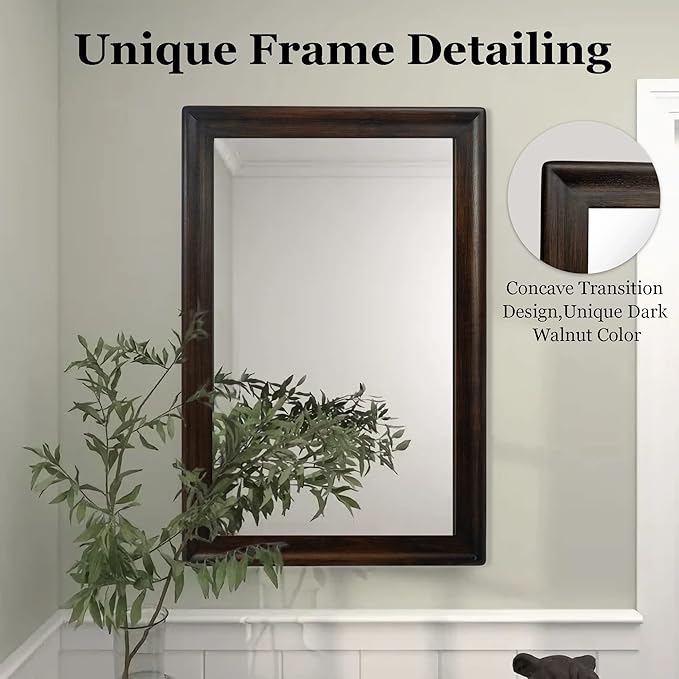 CULER Rustic Wood Wall Mirror for Bathroom,Rectangle 24 x 36 inch Hanging Black Mirrors with Wooden Frame for Living Room,Bedroom,Entryway(Dark Walnut)