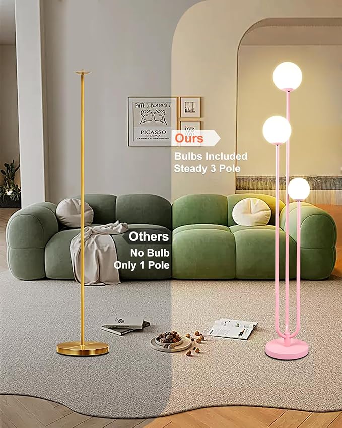 63IN 3-Light Floor Lamp, Unique Tall Standing Lamps with 3 Pink Poles and 3000K G9 Bulbs for Reading, Mid Century Modern Floor Lamp for Living Room Bedroom Office