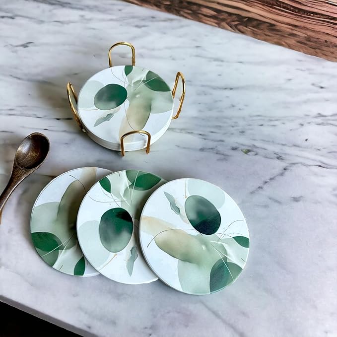Ceramic Absorbent Coasters Set of 6 with Holder, Marble Drink Coasters for Coffee Table, Water Absorbing Coaster (Sage Blots)