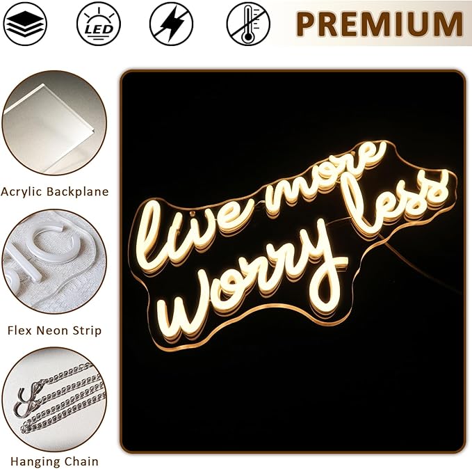 Live More Worry Less Neon Sign for Wall Decor, Warm White Led Signs for Room, USB Dimmable Neon Lights for Bedroom Home Living Room Party Cafe Business Pub Motivational Wall Art