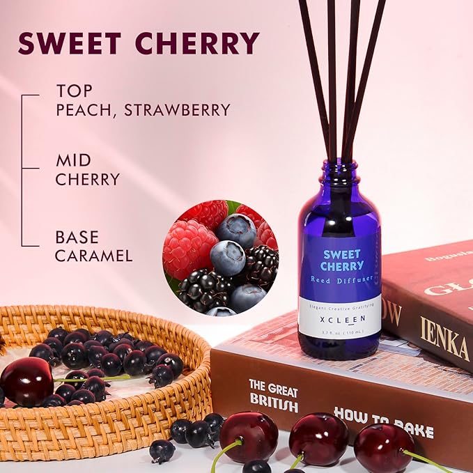 Reed Diffuser Set, Sweet Cherry Oil Diffusers with 6 Rattan Sticks, Home Fragrance Reed Diffuser for Home, Bathroom Decor