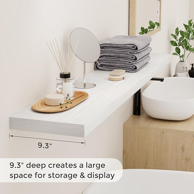 55"W x 9"D Floating Shelves Set of 2, 9.3 Inch Deep Floating Shelves Wall Mounted, Wide Wall Shelves Invisible Bracket, Deep Storage Shelves for Living Room, Bathroom, Kitchen, White Color