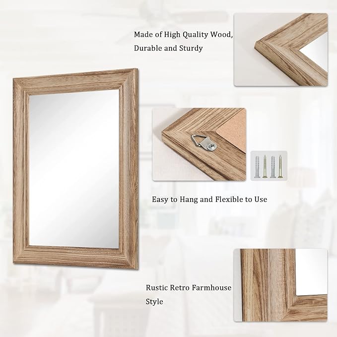 Rustic Mirror with Wood Frame Rectangular Mirrors for Wall Decorative for Bathroom Bedroom Living Room Home Entryway Large 20"x16"
