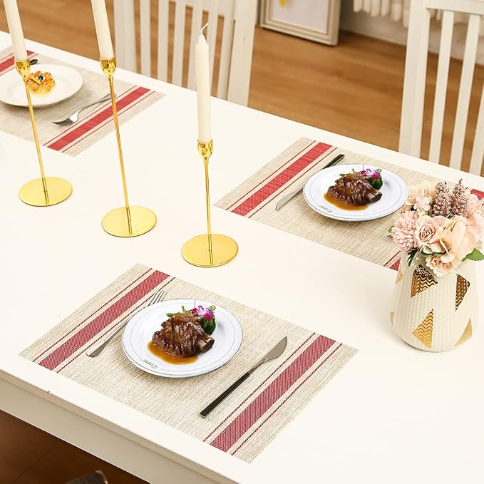 DACHUI Placemats Set of 6, Soft & Elegant Woven Vinyl Place Mats, Water Resistant, Heat Resistant, Washable, Durable Table Mats (Red Stripes)