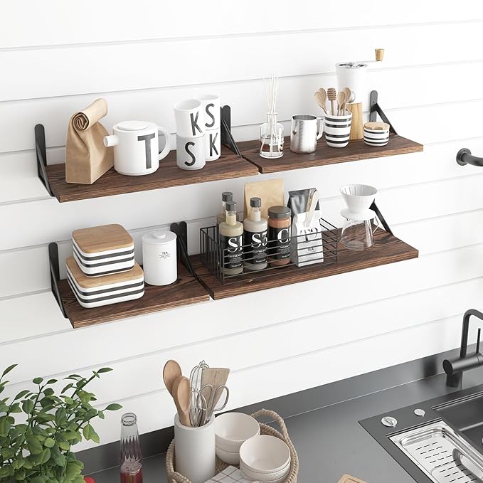 YGEOMER Floating Shelves for Wall, Different Sizes Dark Carbonized Pine Wall Shelves for Living Room, Bathroom, Bedroom, Kitchen, Home Decor (Set of 4)