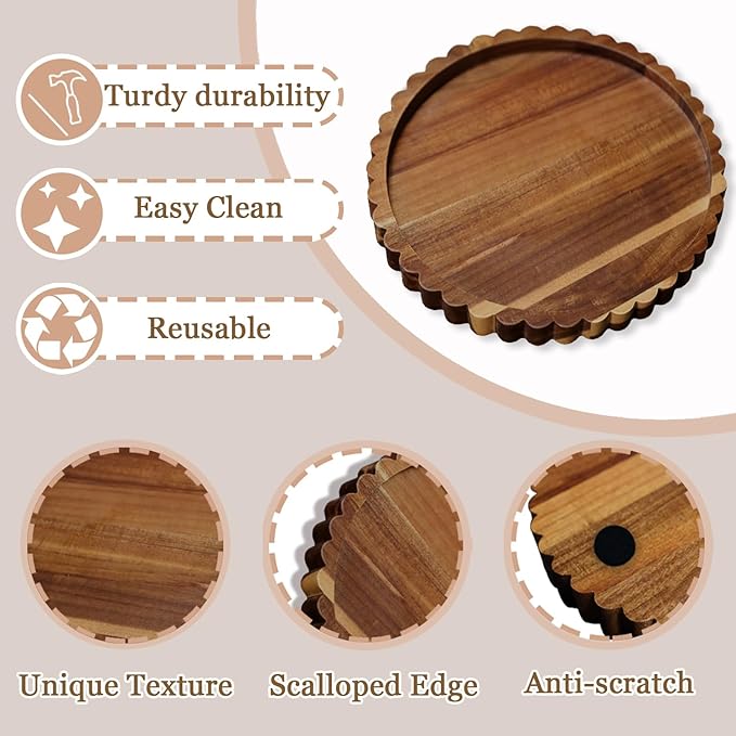 11.8 Inch Round Acacia Wood Decorative Tray for Coffee Table - Unique Scalloped Edge Design, Ideal Wooden Centerpiece Trays for Kitchen, Dining Room, Living Room and Home Decor