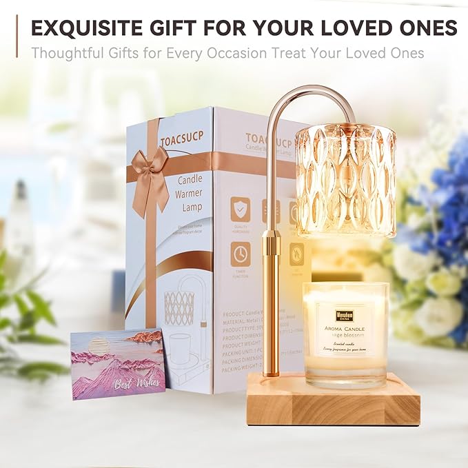 Candle Warmer Lamp with 3 Bulbs, Adjustable Height Dimmable Candle Warmer with Timer, Compatible with Large Jar Candles, Candle Lamp with Charming Gift Box Ribbon for Her/Him(2 Pack)