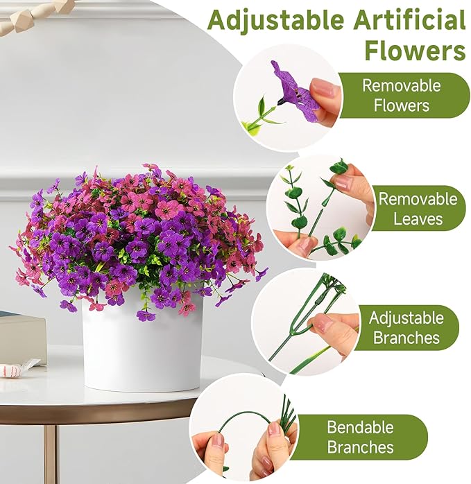 24 Bundles Artificial Flowers for Outdoors Decoration, UV Resistant Silk Violet Faux Colorful Daisy Eucalyptus Fake Plants for Outside Indoor Yard Home Patio Porch Decor, (Purple & Rosered)