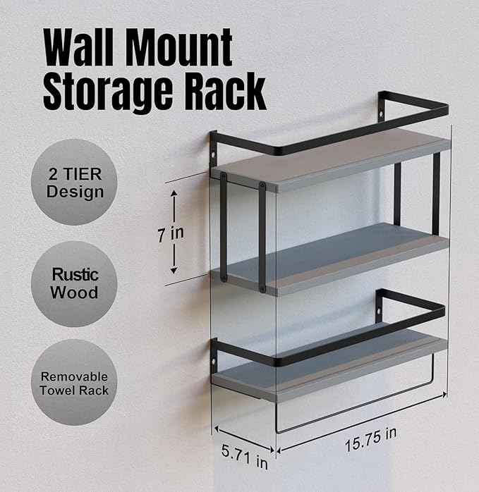RICHER HOUSE 2+1 Tier Wall Mounted Floating Shelves Set of 2, Rustic Wood Wall Shelf with Metal Frame, Extra Storage Rack for Bathroom, Kitchen, Bedroom with Tissue Rack & Towel Bar - Grey