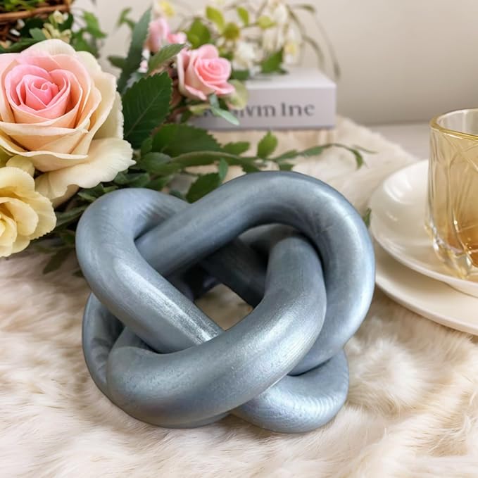Wood Knot Decor -Coffee Table Decor Shelf Decor Table Books Hand Carved Home Decoration Boho Country Rustic Modern Shabby Chic Style 3 Link Wooden Knot Chain Link Decor (Silver)