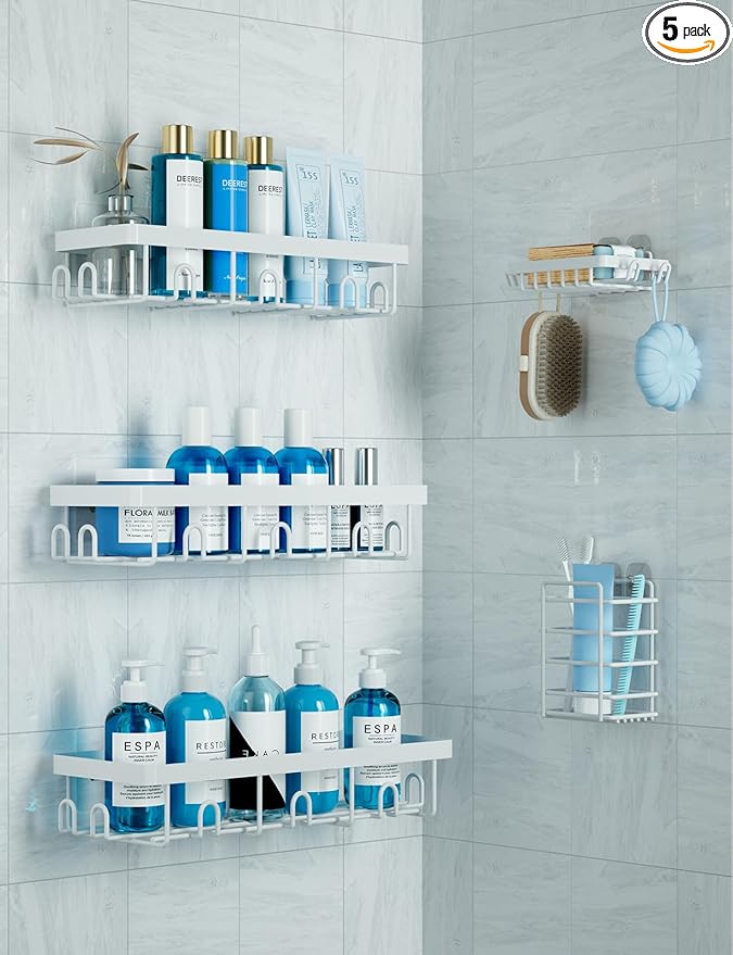 GVY Shower Organizer 5 Pack, Adhesive Shower Caddy Bathroom Shelves,Rustproof Bathroom Organizers and Storage for Home Decor, No Drilling Shower Shelves for Apartment Essentials