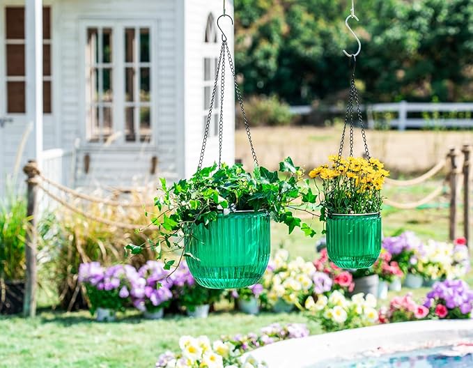 Melphoe 2 Pack Self Watering Hanging Planters Indoor Flower Pots, 5.3/8.3 Inch Outdoor Hanging Basket, Plant Hanger with 3Hooks Drainage Holes for Garden Home (Emerald)