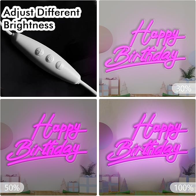 Pink Happy Birthday Neon Sign Battery Operated, Usb Powered Neon Signs for Wall Decor, Adjustable Brightness Happy Birthday Signs(15 x 9.6 inches)