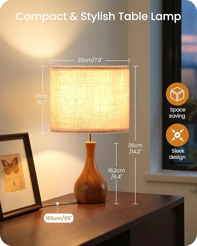 Small Table Lamp, Wood Desk Lamp with Bottle-Shaped Base and Linen Lampshade, Bedside Lamp with Cable, E26 Base, Bulb Not Included, for Living Room, Bedroom, Beige and Dark Natural LE09TL05