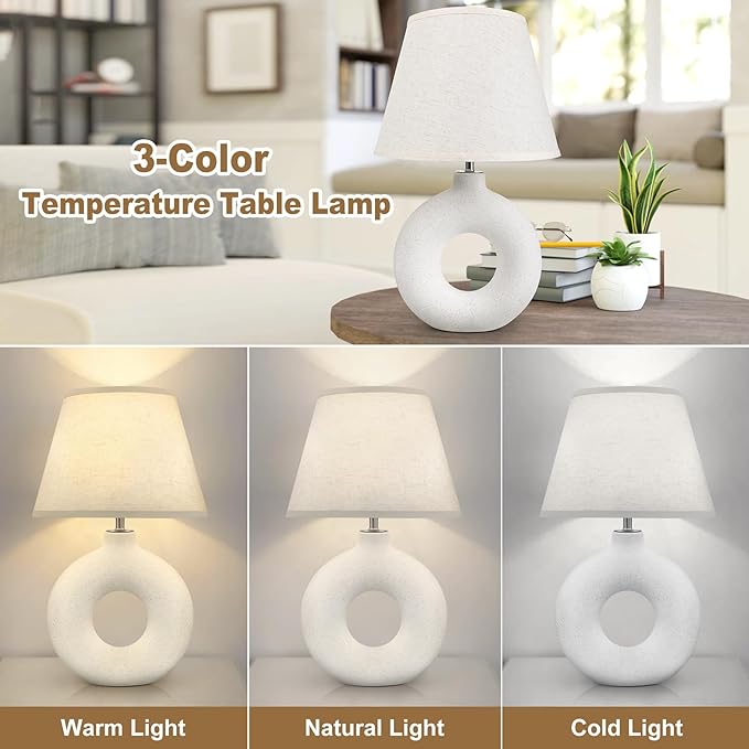 Boho Table Lamp for Living Room Bedroom, 21" Modern Ceramic Bedside Lamps 3 Color Temperature Farmhouse Rustic White Table Lights for Night Stands, Dorm, Office, Home Décor (Bulb Included)