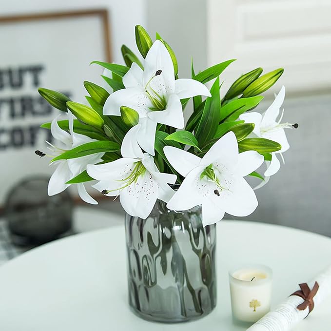 Hananona 8 Pcs Artificial Tiger Lily Real Touch Easter Lily Fake Spring Flowers for Wedding Home Party Easter Decoration Plastic Cemetery Faux Flowers (White, 8)