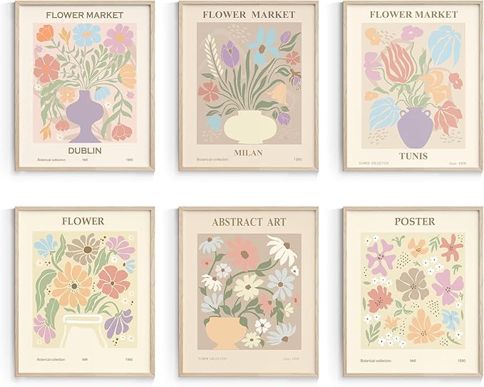 Habseligkeit Danish Pastel Wall Art Prints, Flower Market Retro Posters, Vintage Floral Art Prints, Cute Matisse Room Decor Aesthetic for Bedroom Wall Decor(11x14inch, Unframed