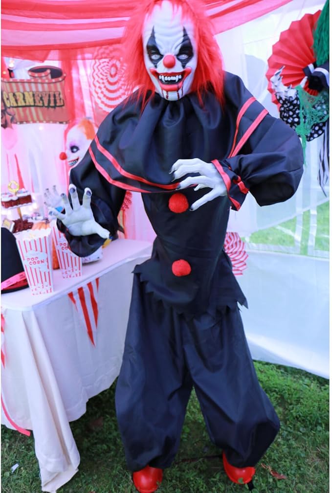 Haunted Hill Farm Life-Size Talking Clown Halloween Animatronic with Touch Activated Lights and Sound, Indoor or Covered Outdoor Scary Halloween Decorations, Battery Operated Fright Props