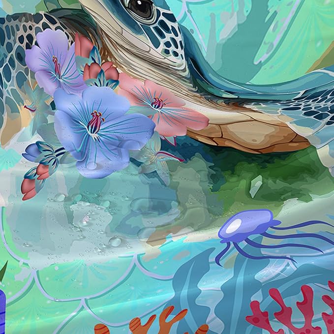 AILONEN Cartoon Sea Turtle Shower Curtain,Kawaii Sea Animal Bathroom Curtains for Kids,Girls,Watercolor Green Ocean Theme Shower Curtains Set with Hooks for Bathroom,72" W*96" H