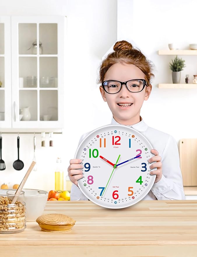 Silent Kids Wall Clock – Non-Ticking, Battery-Powered, Ideal for Teaching Time and Stylish Décor in Any Room - 12 Inch