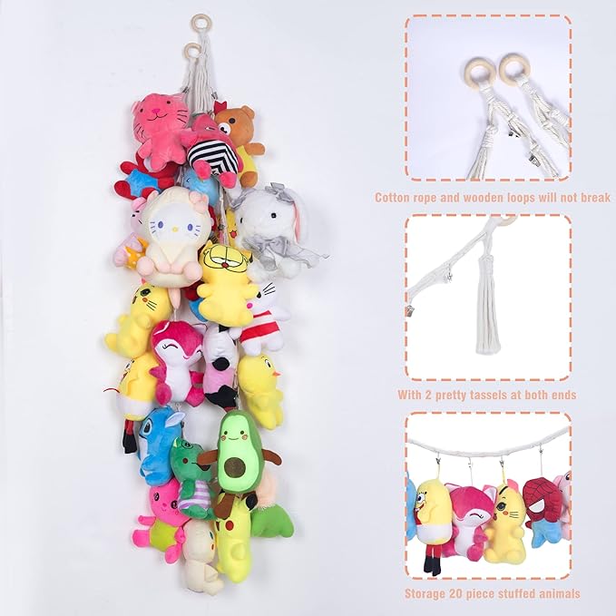 80" Cotton Hanging Storage Chain For Stuffed Animals Storage with 20 Metal Clips Stuffed Animal Display Holder Chain for Wall or Corner Nursery Play Room