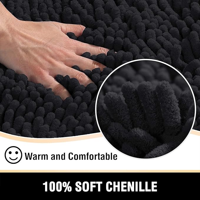 H.VERSAILTEX Bathroom Rugs Bath Mats Non Slip Luxury Chenille Bathroom Runner Rug 24x47 Extra Soft and Absorbent Shaggy Rugs Dry Fast Plush Area Carpet Mats for Bath Room, Tub - Black