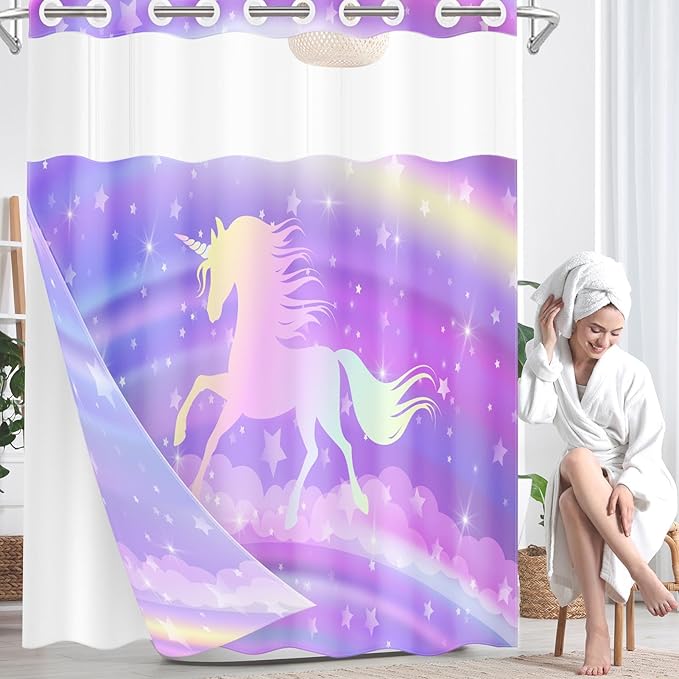 Rainbow Purple Unicorn No Hook Shower Curtain with Snap in Liner, Princess Horse Cute Bath Curtain with Double Layers Waterproof Fabric and Mesh Top Window 71x74 Inch