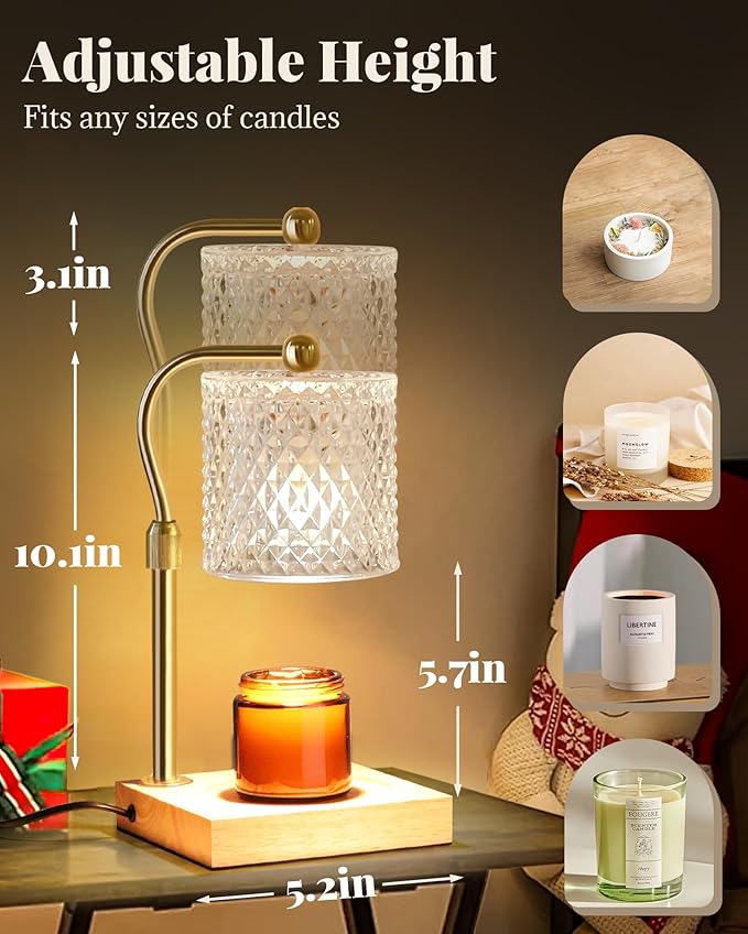 Candle Warmer Lamp with Timer Dimmer Adjustable Height, Mothers Day Gifts for Mom, Birthday House Warming New Home Decor Gifts for Women, Electric Wax Warmer with 2 Bulbs for Jar Candles, Clear