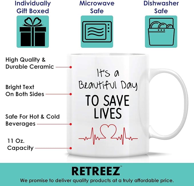 Retreez Funny Mug - Beautiful Day to Save Lives Doctor 11 Oz Ceramic Coffee Mugs - Funny, Sarcasm, Sarcastic, Motivational, Inspirational birthday gifts for medics, friends, coworkers, siblings, dad