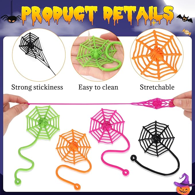 24 PCS Sticky Spider Web for Kids, 7.5 Inches Cobweb Sticky Hand Toys, Halloween Spider Party Favors for Goodie Bag Stuffers, Birthday, Classroom Prizes Supplies (4 Colors)