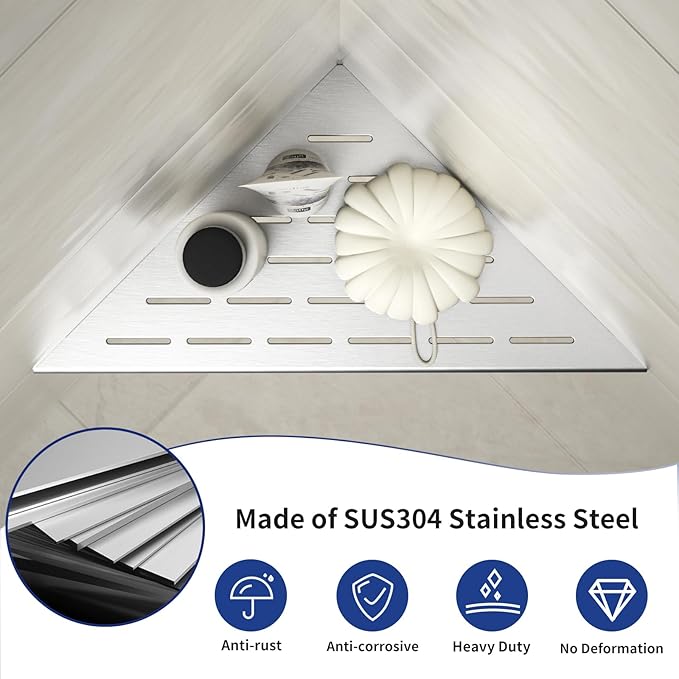 Corner Shower Shelf, 12" Brushed 304 Stainless Steel Slot Design Recessed Corner Shelves 2 Pack Bathroom Shelf Rack for Tiled Wall, Large Size