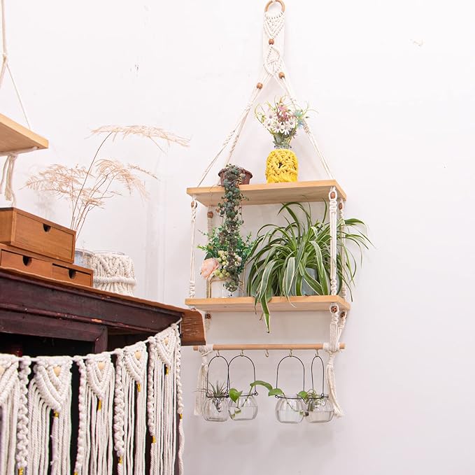 Wall Hanging Shelves Macrame Boho Floating Plant Photos Storage Rack Wood Shelf with Hooks for Bedroom Living Room Bathroom (2tier Shelves)