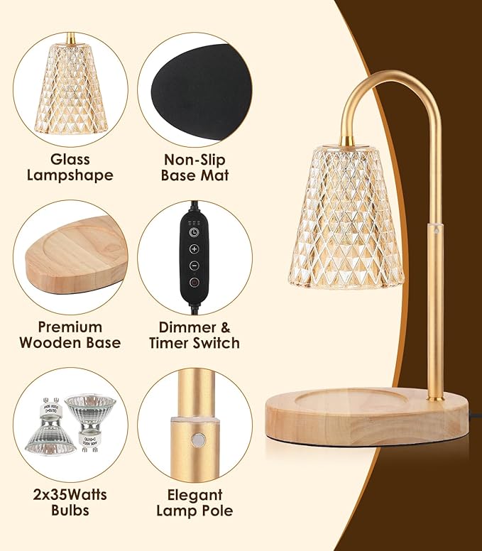 Candle Warmer Lamp with Timer - Adjustable Height Dimmable Warmer Candle Lamps Candle Warmer Lamp Wax Melt Warmer with 2Bulbs for Women Christmas Birthday Gifts