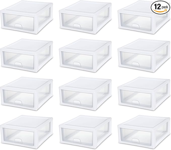 Sterilite 12-Pack 16 Quart Stacking Drawer, Clear Storage Closet Organizer, White Frame - Stackable Modular Plastic Drawers for Clothes, Accessories, Craft Supplies, Shoes or Linens