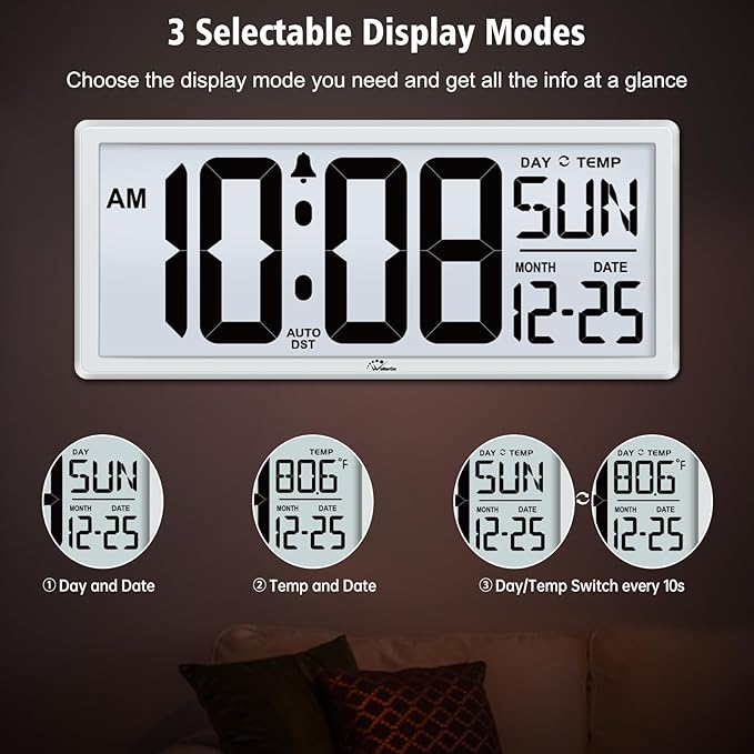 WallarGe Backlight Digital Wall Clock Battery Operated - with Temperature and Date 14.5'' Large Digital Wall Clock, Easy to Read and Set, Auto DST