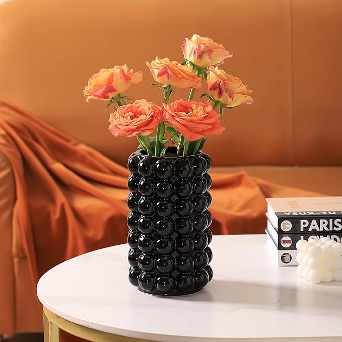 Black Bubble Vase, Ceramic Vase, Flower Vase, Boho Vase, Tall Ceramic Vase, Vase for Decor, Modern Ceramic Vase for Living Room, Dinner Table, Bedroom, Wedding, Fireplace Mantel, 8.5 Inches