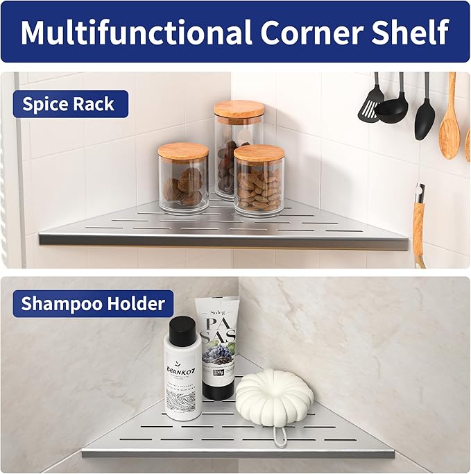 Corner Shower Shelf, 12" Brushed 304 Stainless Steel Slot Design Recessed Corner Shelves 2 Pack Bathroom Shelf Rack for Tiled Wall, Large Size
