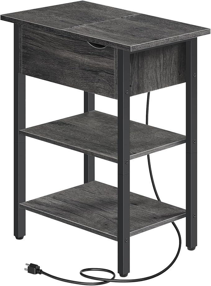 HOOBRO End Table with Charging Station, Narrow Side Table, Flip Top Nightstand with USB Ports and Outlets, Bedside Tables with Shelf for Small Spaces, Living Room, Charcoal Black BC341BZ01